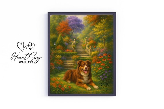 Red Merle Australian Shepherd Garden Flowers Happy Painting Decor Poster