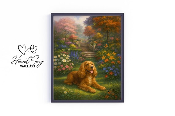 Golden Cocker Spaniel Autumn Garden Floral Painting Cozy Dog Poster