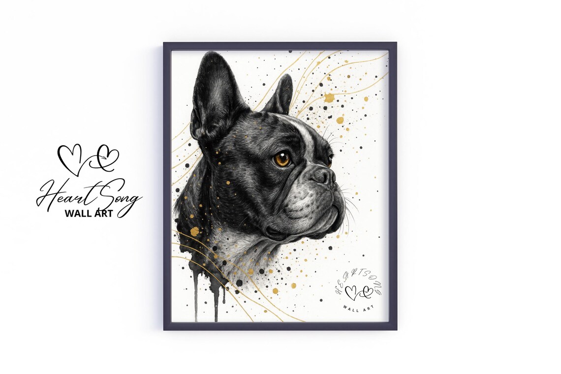 French Bulldog Portrait Monochrome Ink Gold Accents Art Poster