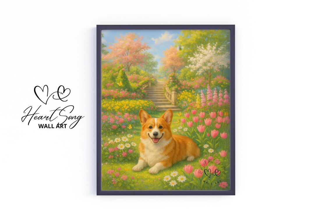Smiling Corgi In Spring Tulip Garden By Stone Staircase Poster