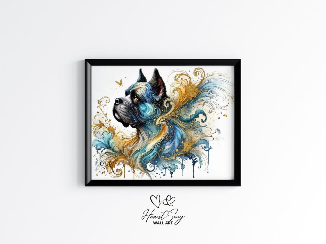 Boxer Dog Portrait With Butterflies Blue Gold Ink Splash Art Poster
