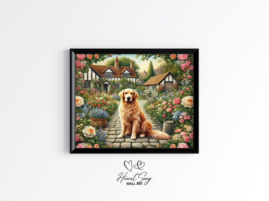 Golden Retriever Cottage Garden Floral Summer Rustic Wall Art