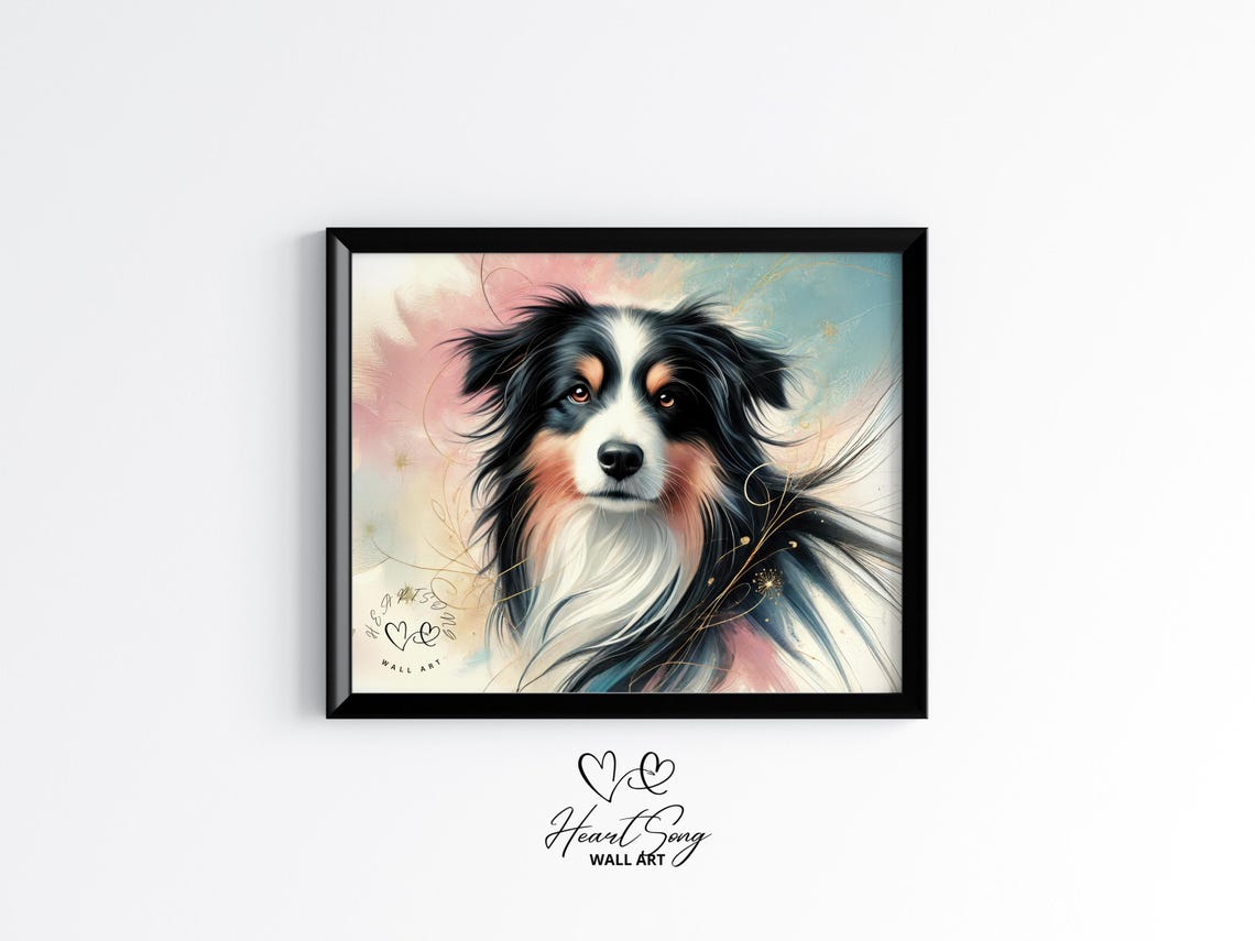 Moody Australian Shepherd Watercolor Dog Portrait Art Poster
