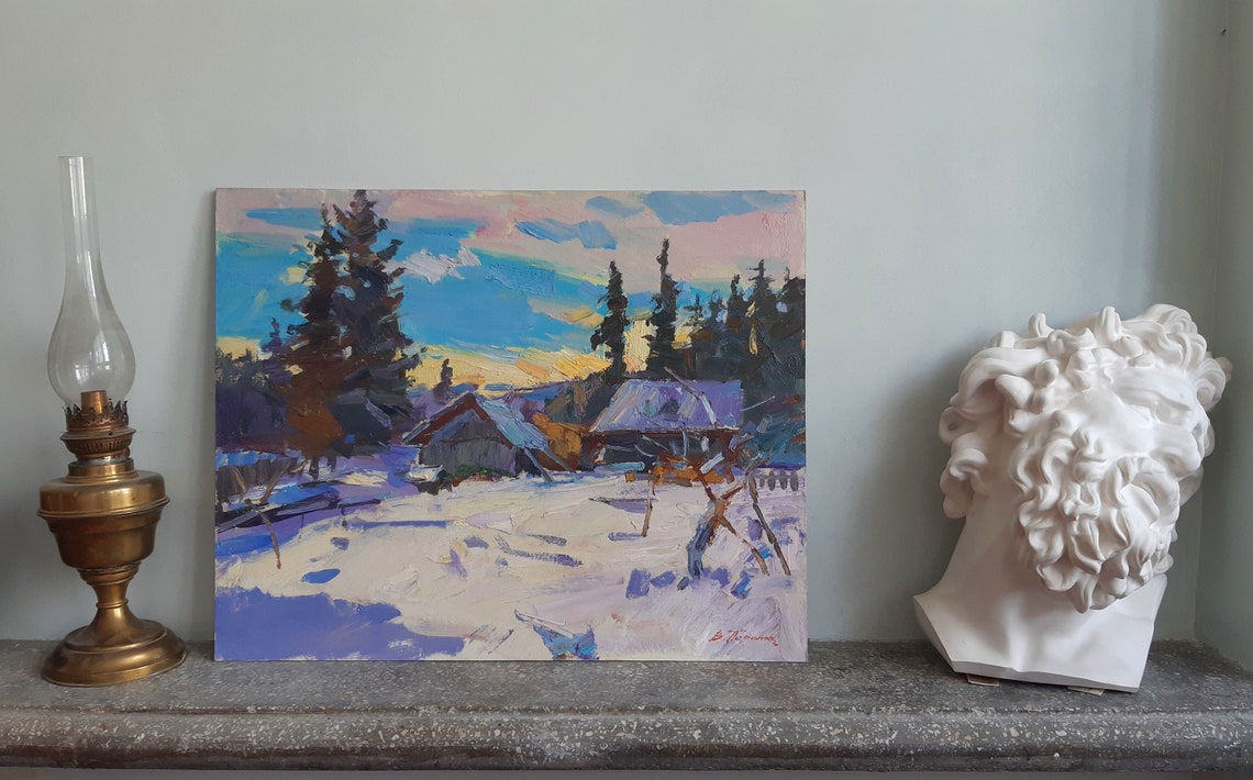 Winter Village Snow Dusk Blue Pink Sky Impressionist Oil Painting Art - Image 3