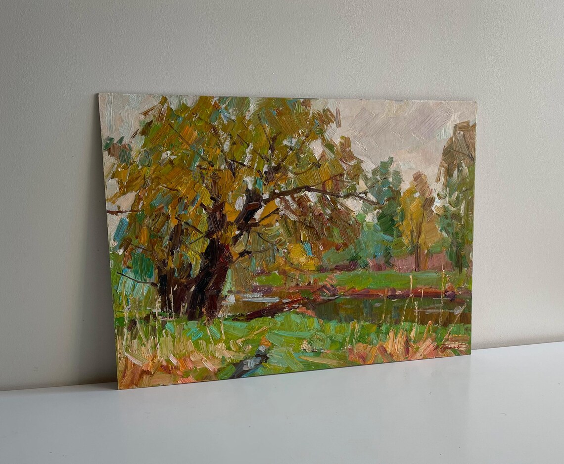 Spring Riverbank Big Tree Green Meadow Impressionist Oil Painting Art - Image 2