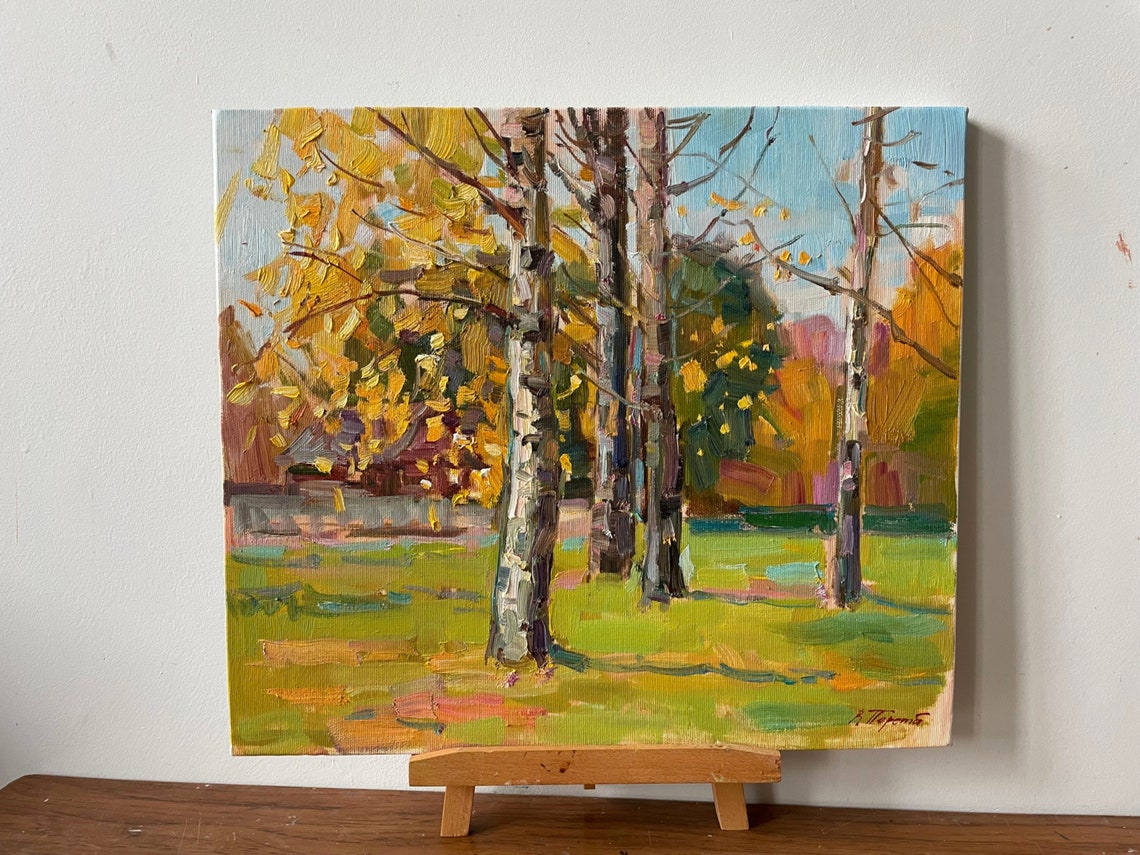 Autumn Park Birch Trees Golden Foliage Impressionist Oil Painting Art - Image 4