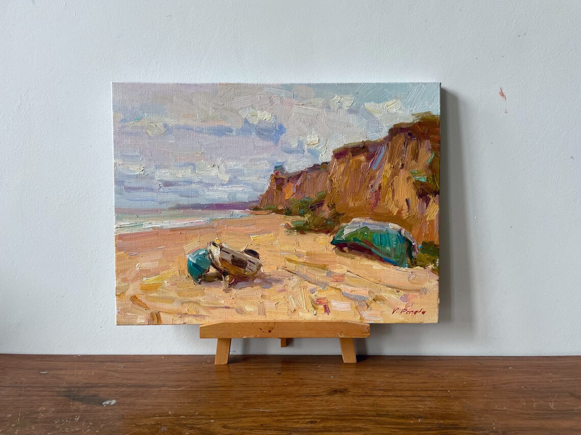 Beach Cliffs Fishing Boats Seaside Impressionist Oil Painting Art - Image 3