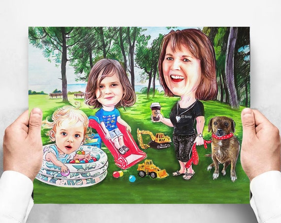 Custom Grandmother Grandkids Caricature Portrait From Photo Poster