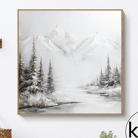Original Snowy Mountain Oil Painting Mountain And River Scene Painting White Snow Scene Forest Wall Art Living Room Wall Decor