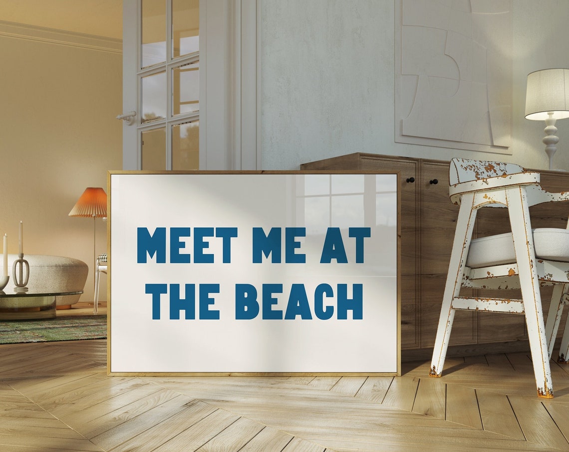 Meet Me At The Beach Retro Typography Summer Coastal Wall Art Poster