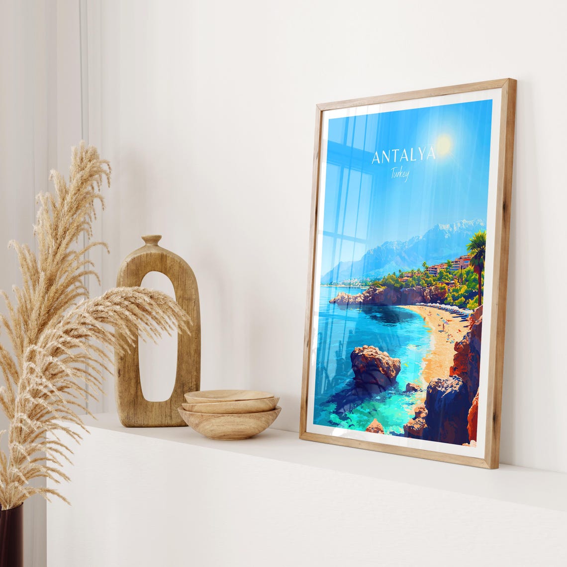 Antalya Turkey Golden Sandy Beach Bay with Mountain View Poster - Image 2