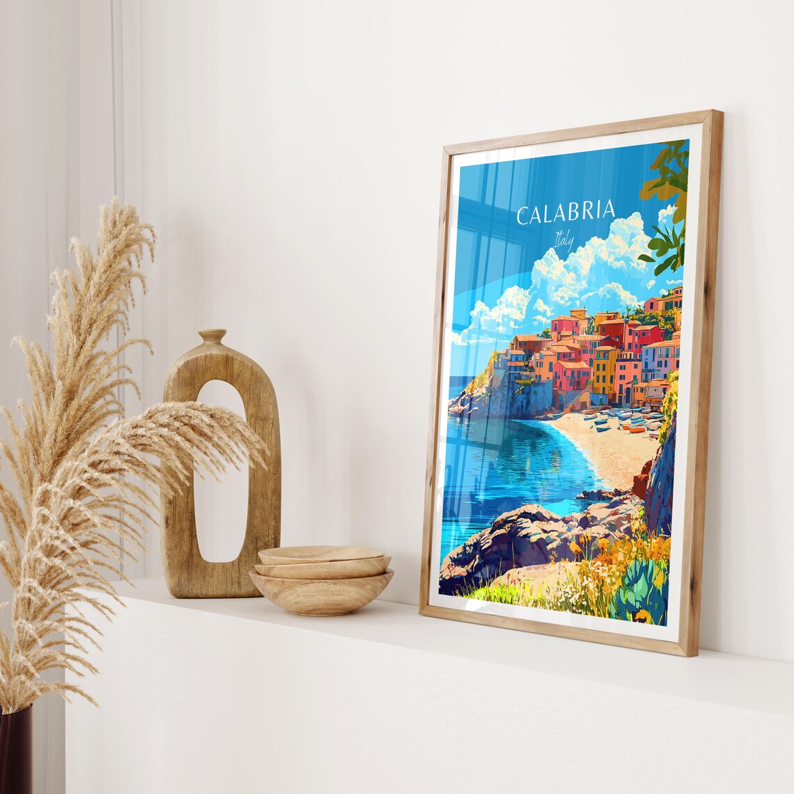 Calabria Italy Colorful Clifftop Village Fishing Boats Poster - Image 2