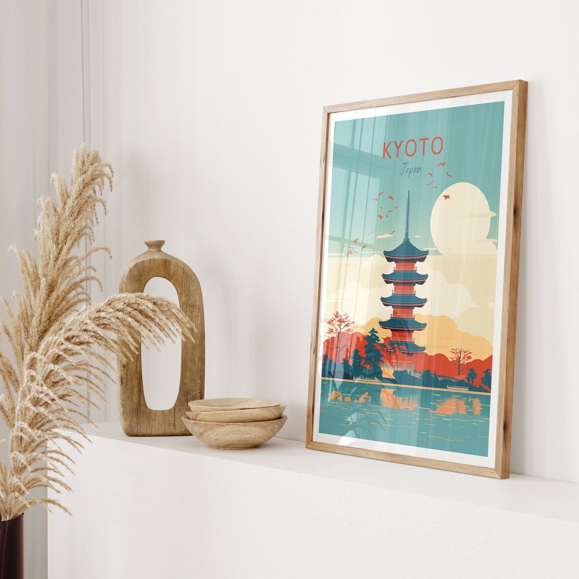 Kyoto Japan Poster Five Story Pagoda Moon Lake Birds Scenic Art - Image 2