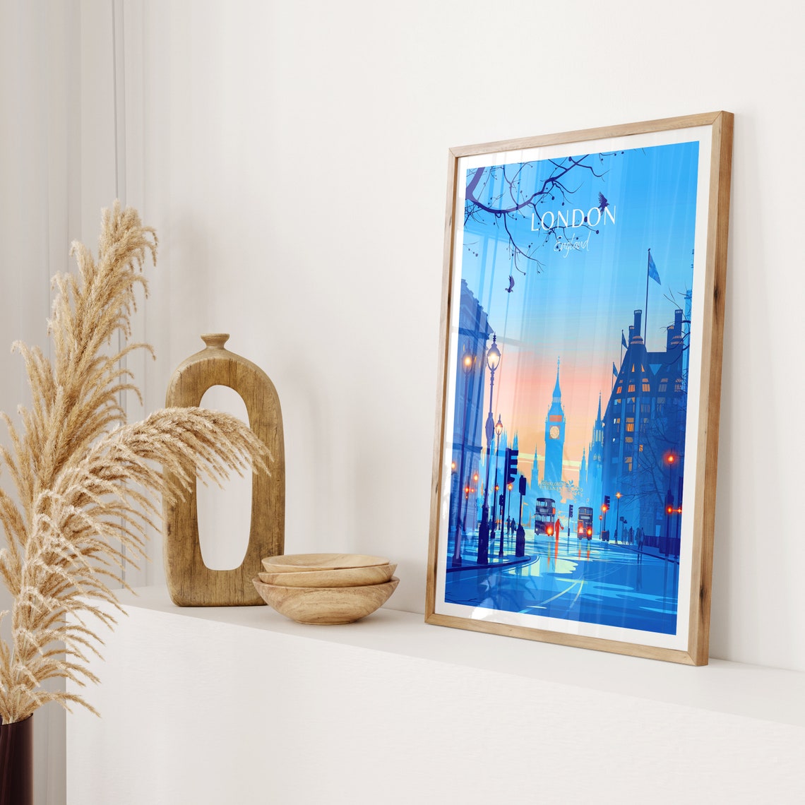 London England Big Ben at Dusk with Red Double Decker Buses Poster - Image 2