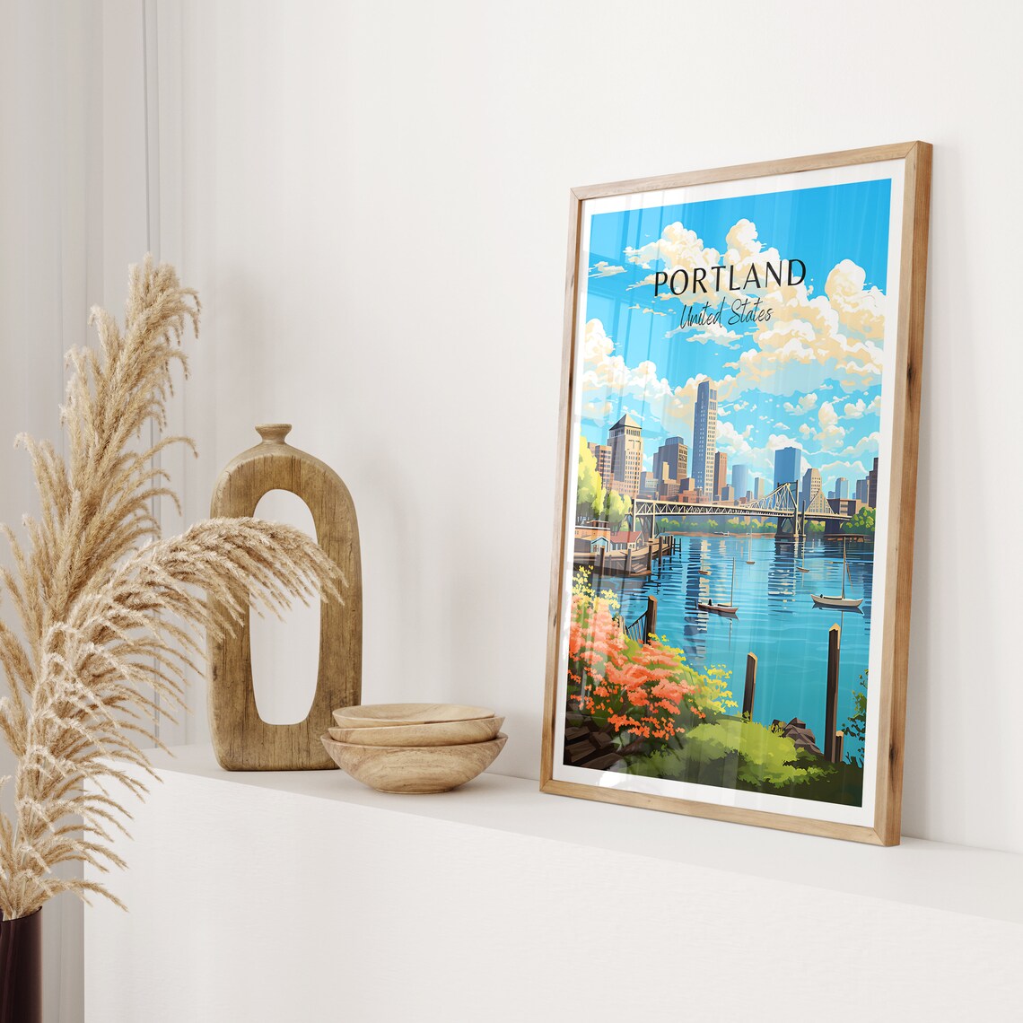 Portland United States River Bridge Sailboat Skyline Travel Poster - Image 2