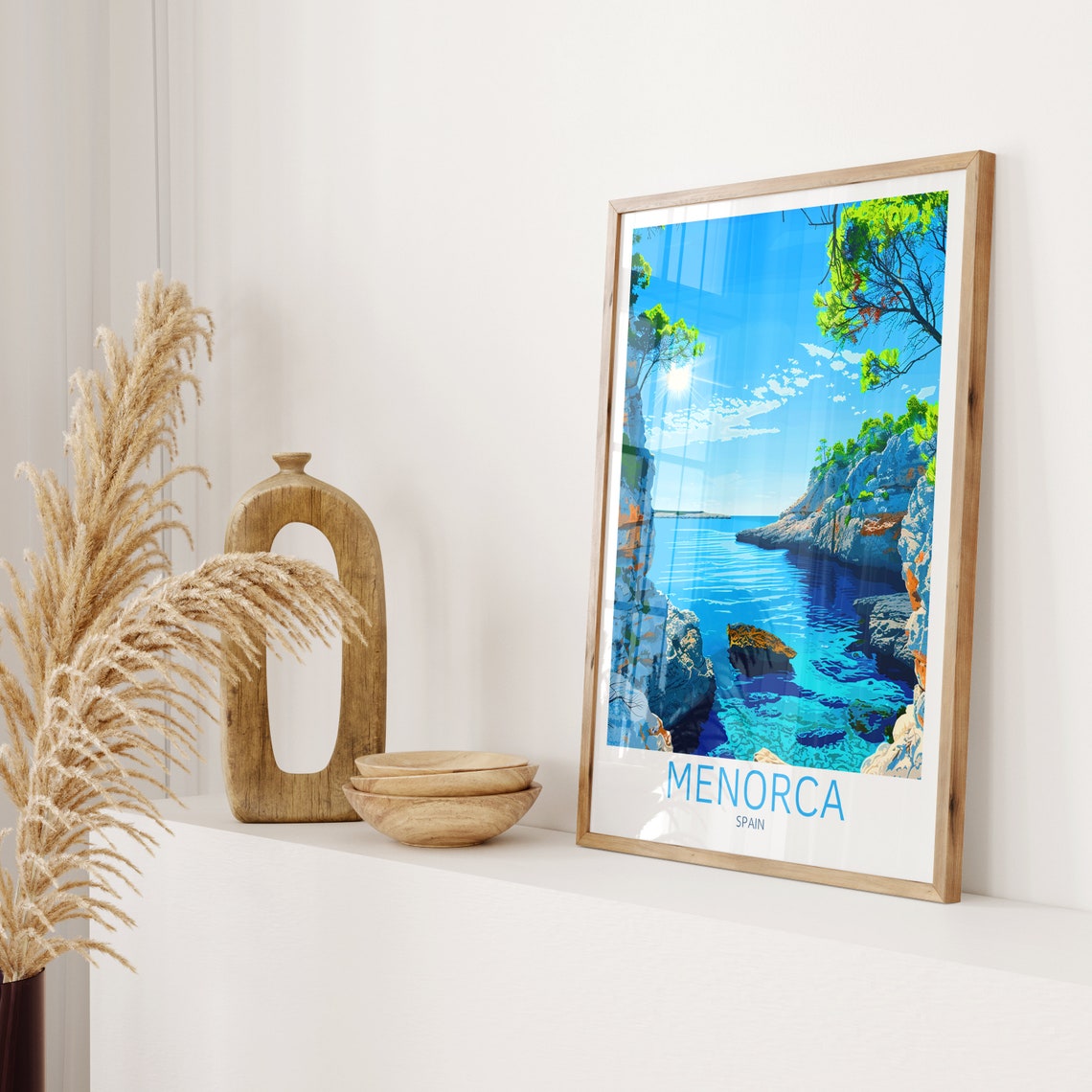Menorca Spain Sunlit Cove Rocky Cliffs Pine Trees Travel Poster - Image 2