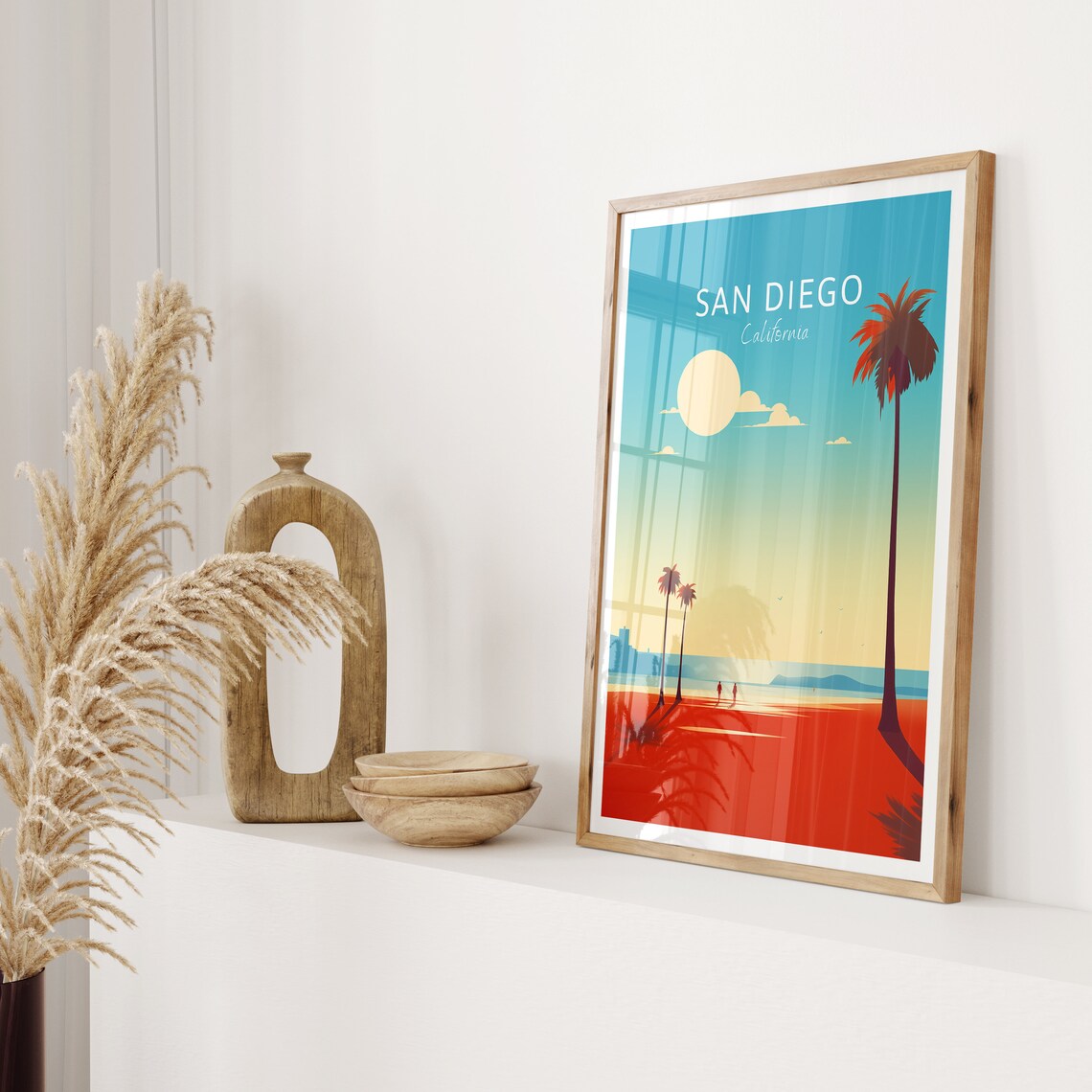 San Diego California Poster Beach Sunset Palm Trees Ocean View Art - Image 2