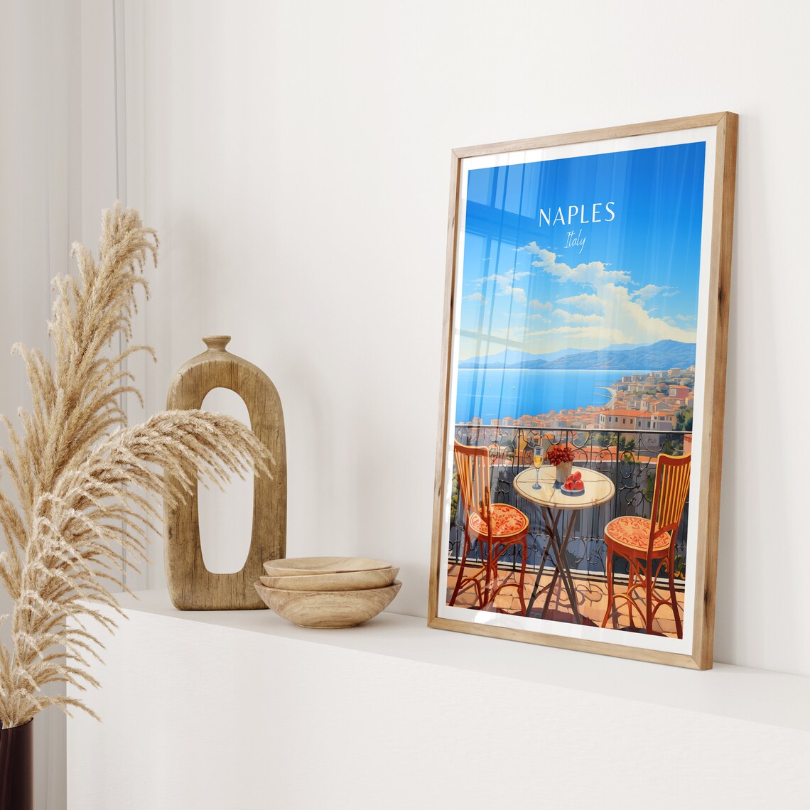 Naples Italy Terrace Bay View Table Chairs Wine Vintage Poster - Image 2