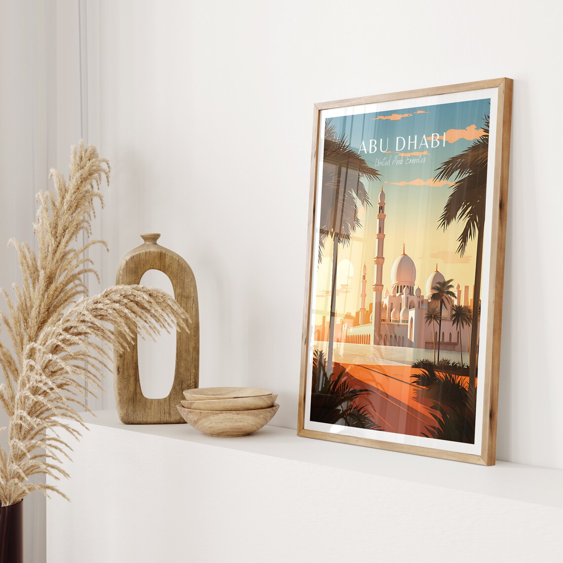 Abu Dhabi UAE Grand Mosque Sunset Palms Vintage Travel Poster - Image 2