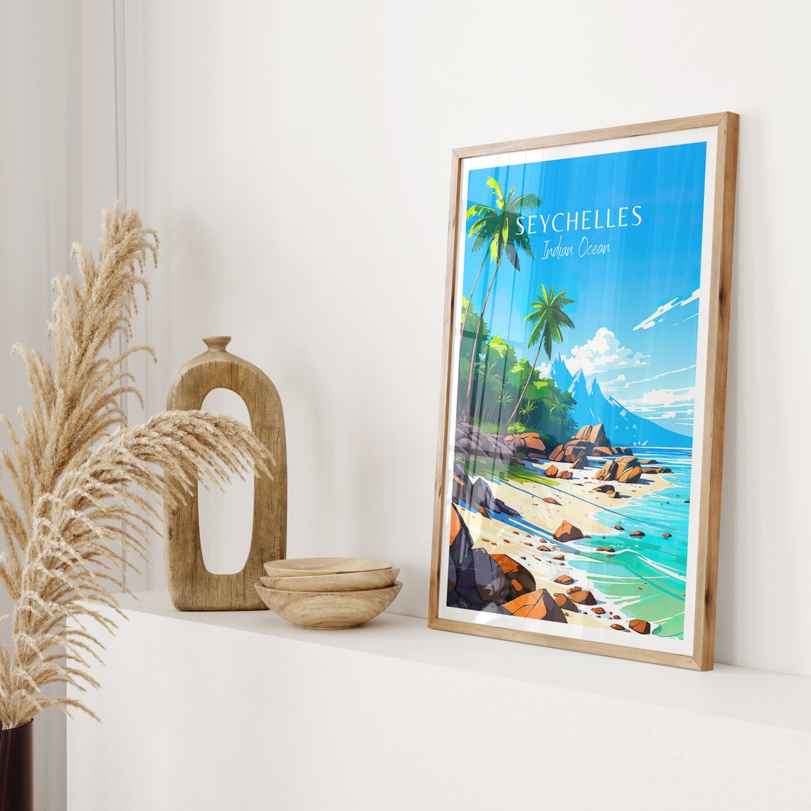 Seychelles Indian Ocean Granite Beach Palms Vintage Travel Poster - Image 2