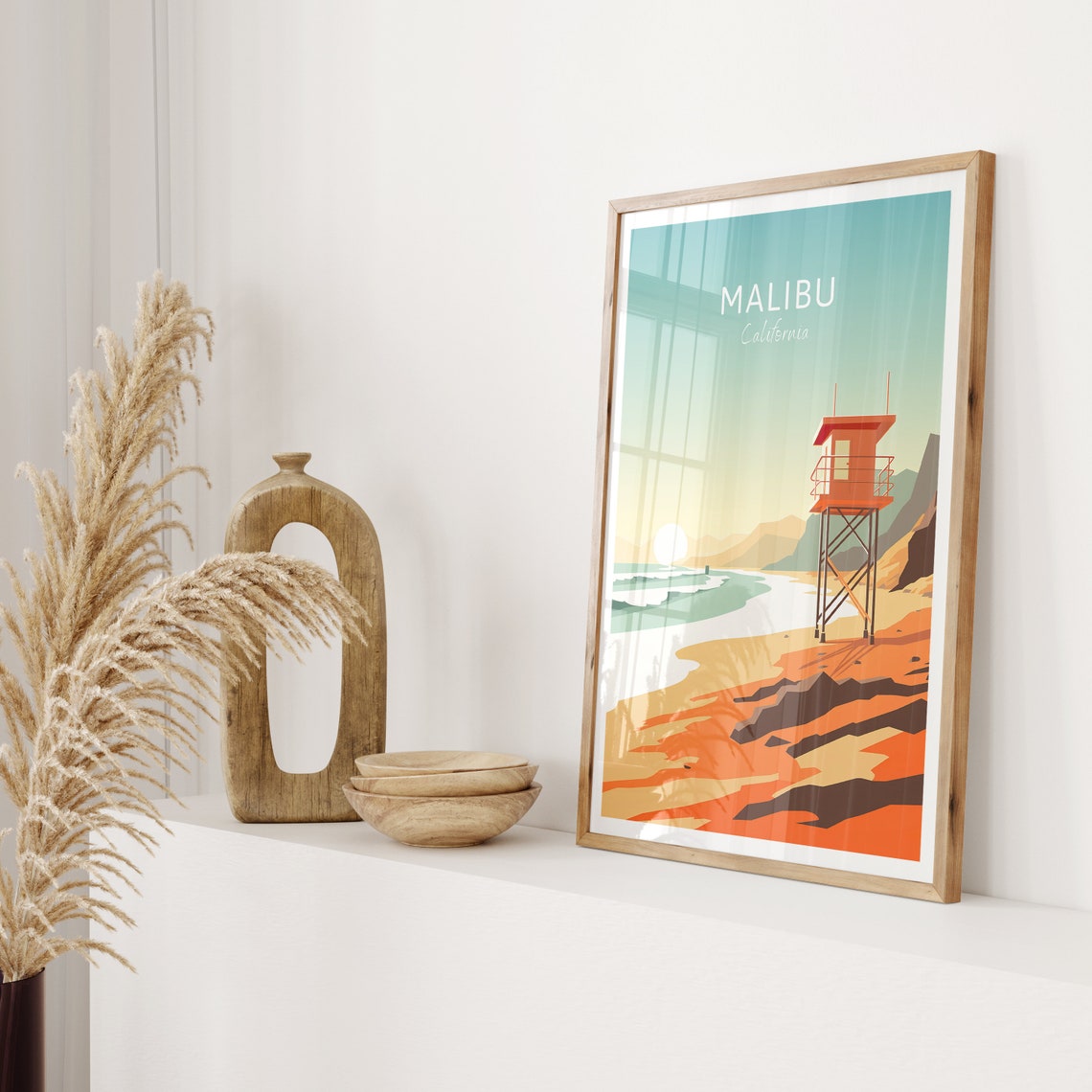 Malibu California Lifeguard Tower Sunset Beach Travel Poster - Image 2