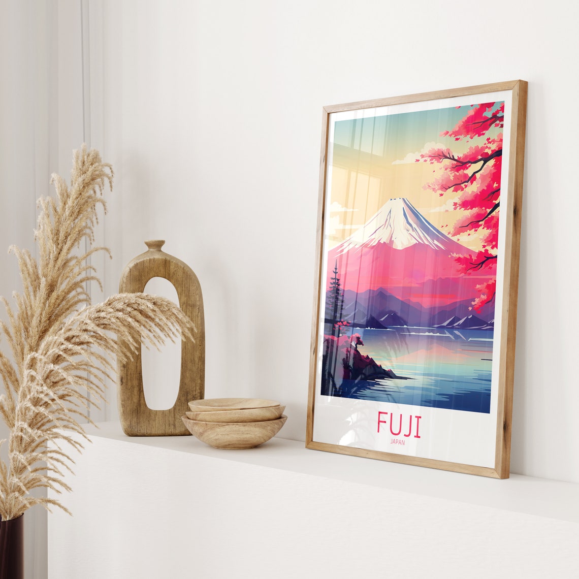 Mount Fuji Japan Cherry Blossom Lake Sunset Vintage Travel Poster - Image 2