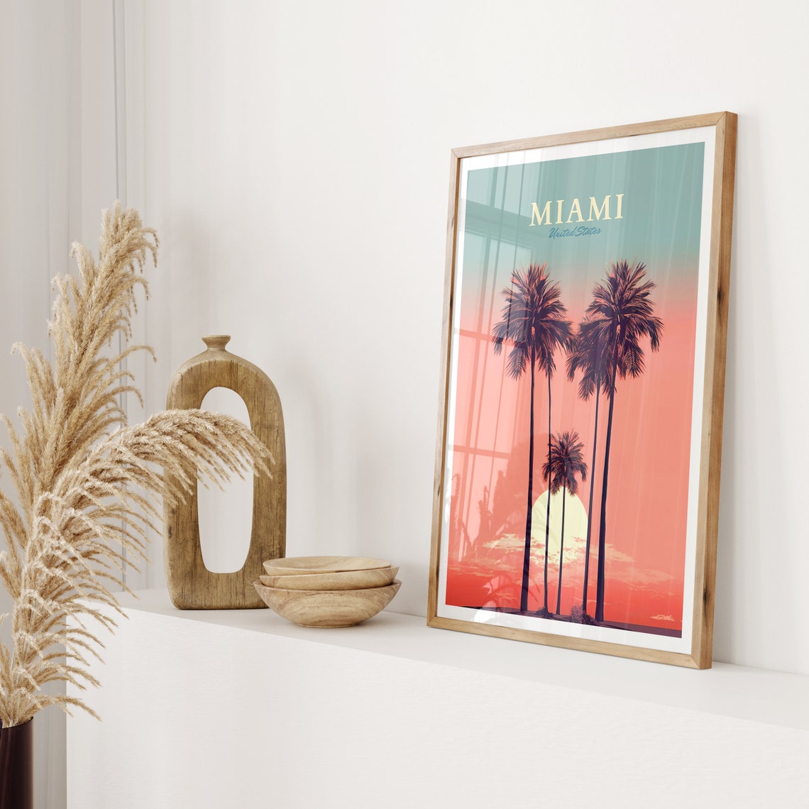 Miami United States Palm Trees Pink Sunset Sky Vintage Art Poster - Image 2