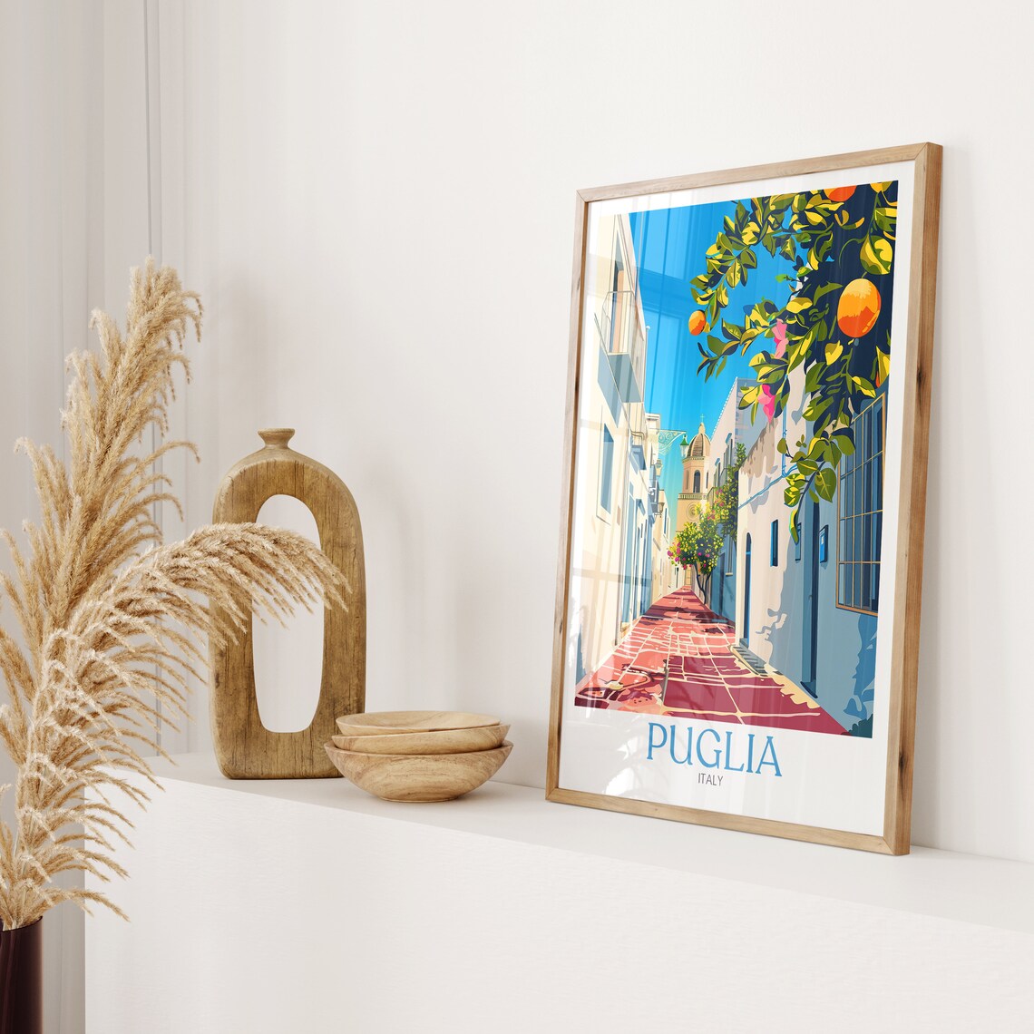 Puglia Italy Whitewashed Street Orange Trees Church Travel Poster - Image 2