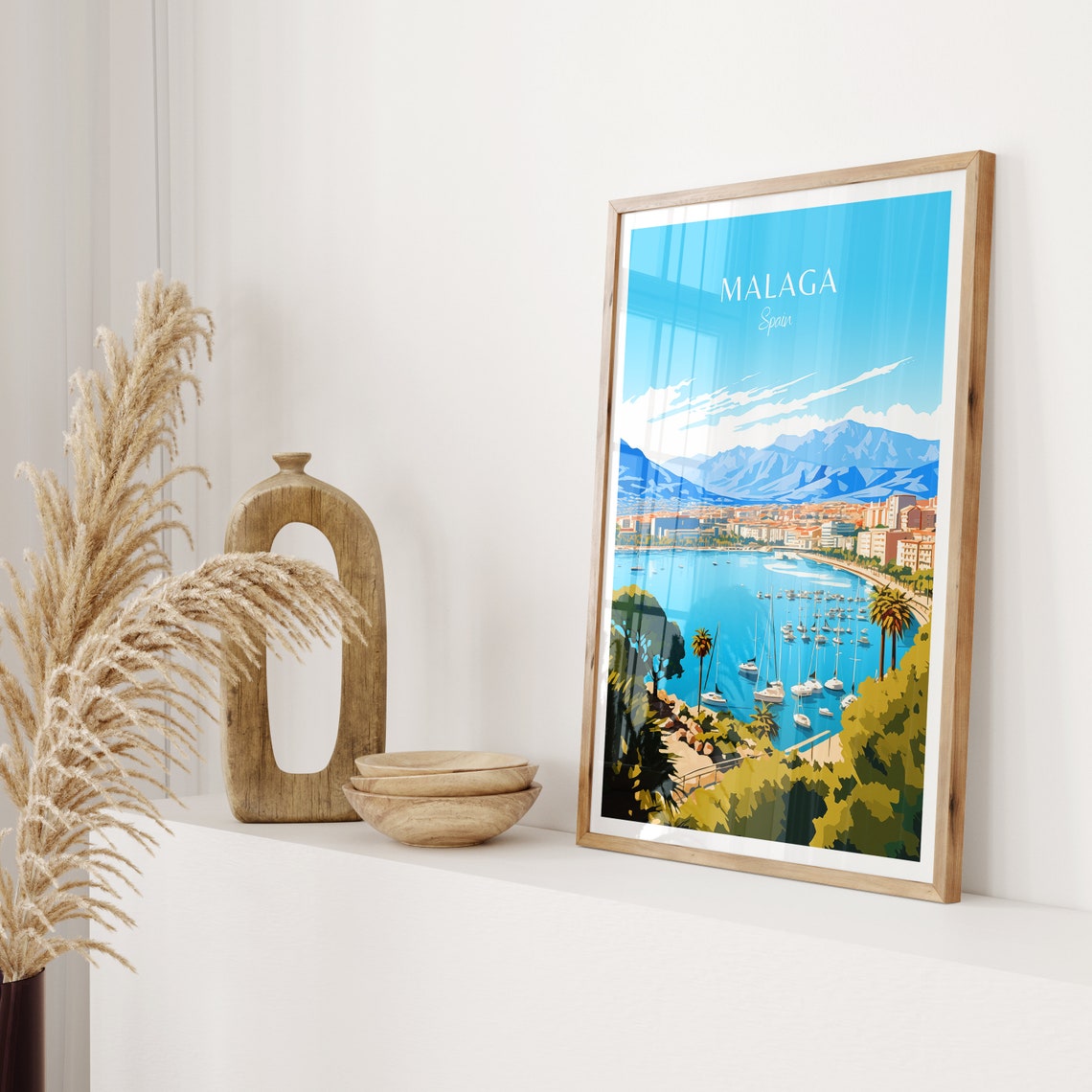 Malaga Spain Marina Sailboats Mountain View Coastal City Poster - Image 2