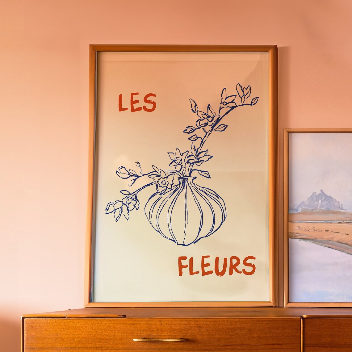Les Fleurs Red Lettering Blue Floral Vase Elegant Line Art Poster