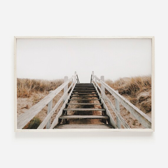Wooden Steps Over Sand Dunes Neutral Beach Coastal Photo Art Poster