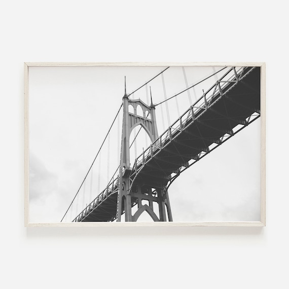 Gothic Suspension Bridge Black White Architectural Photo Poster