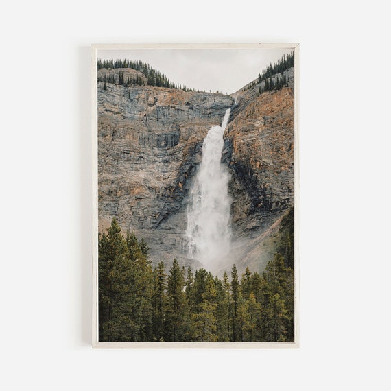 Waterfall Over Cliff Rocky Photo Pine Forest Poster Pacific Northwest Scenery Rustic Wilderness In