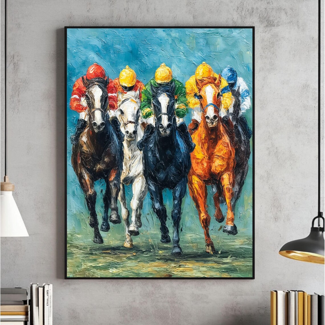 Horse Racing Five Runners Impasto Oil Painting Sports Poster