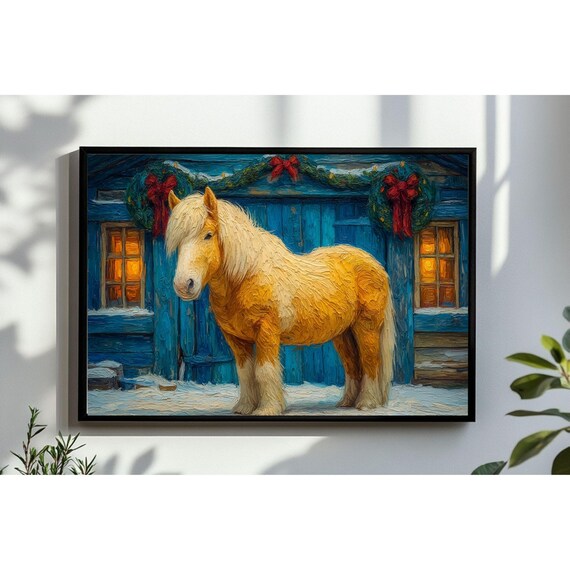 Golden Draft Horse Snowy Blue Barn Christmas Wreaths Painting Poster