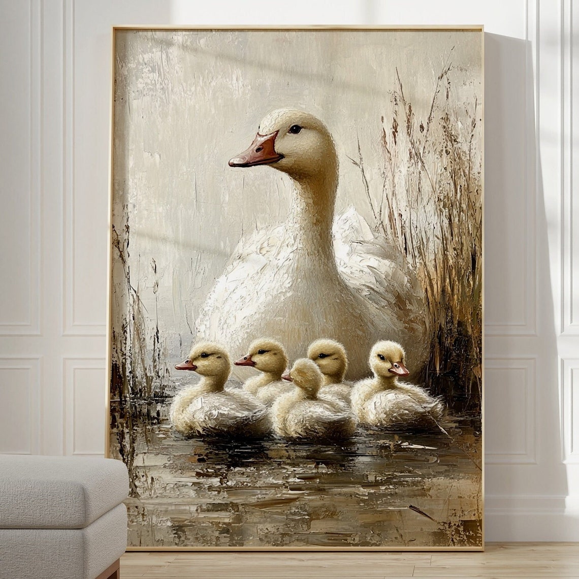 Mother Goose With Her Goslings Painting Goose Print Muted Beige And Gold Tones Antique Bird Painting Country Landscape Vintage Bird