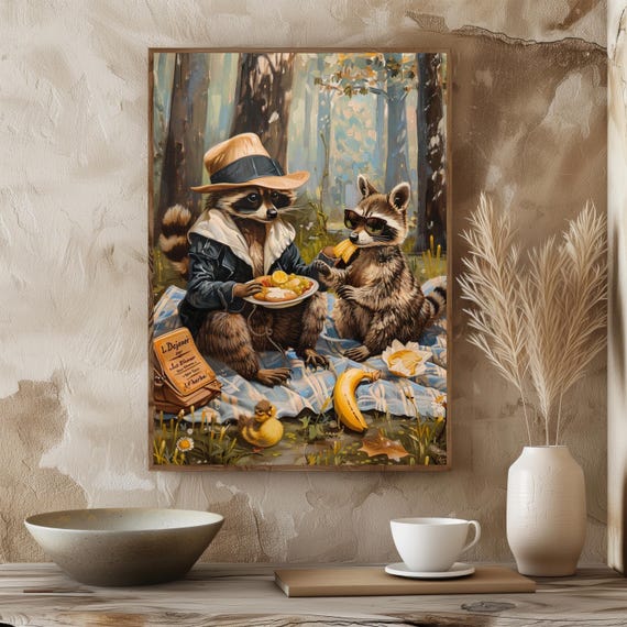 Funny Raccoon Picnic Art Anthropomorphic Animal Wall Print Forest Illustration Whimsical Decor
