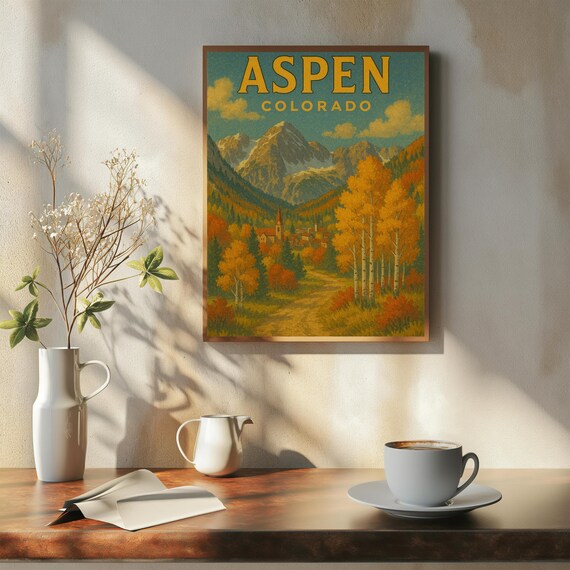 Vintage Aspen Colorado Autumn Aspen Trees Mountain Travel Poster