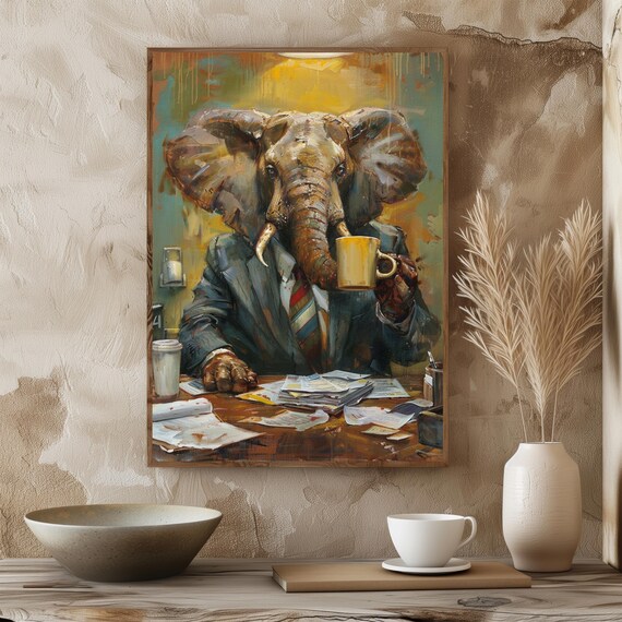 Vertical Poster Elephant In Business Suit Art Office Decor Animal And Human Mix Coffee Mug Painting Unique Wall Thoughtprovoking