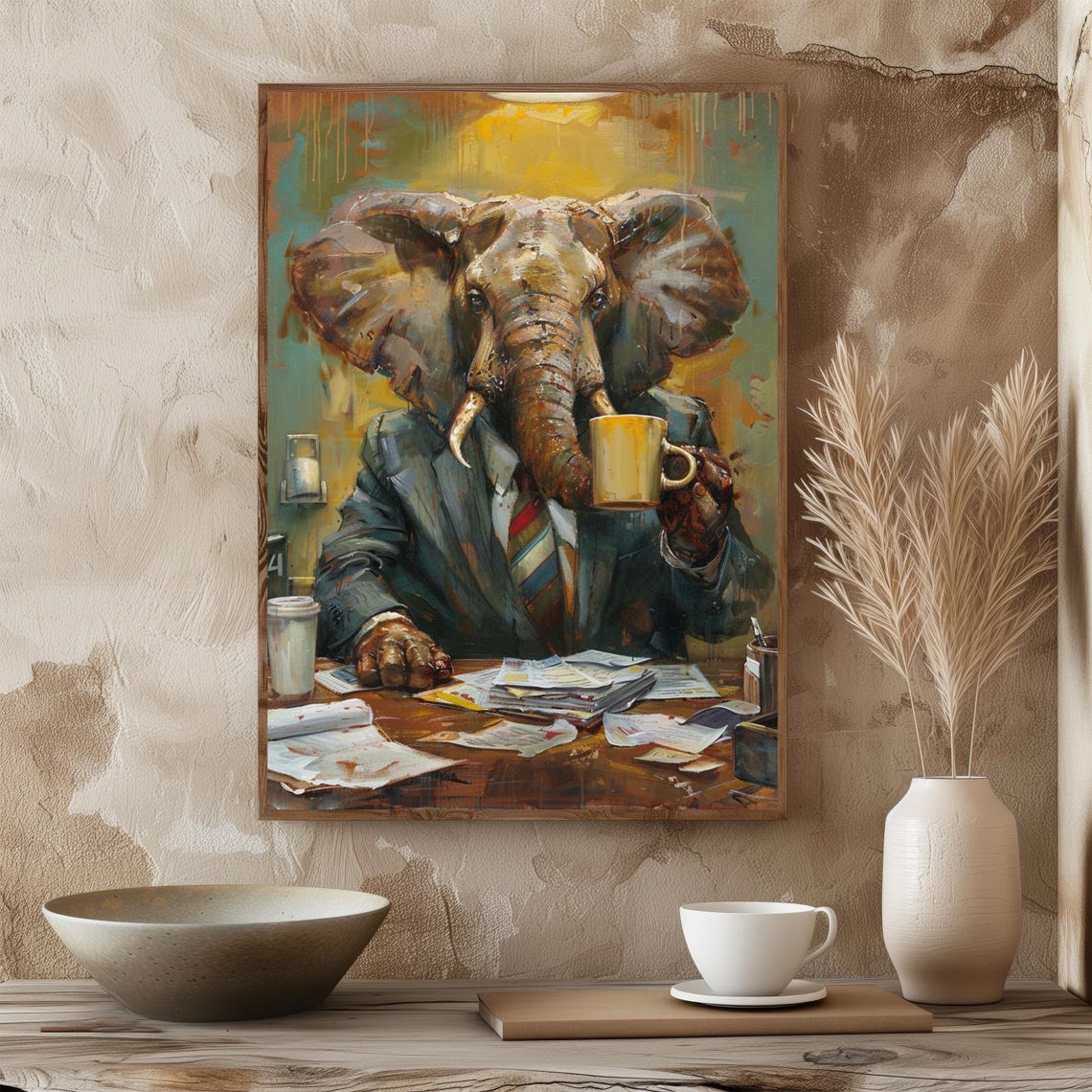 Elephant in Business Suit Drinking Coffee Office Desk Art Poster