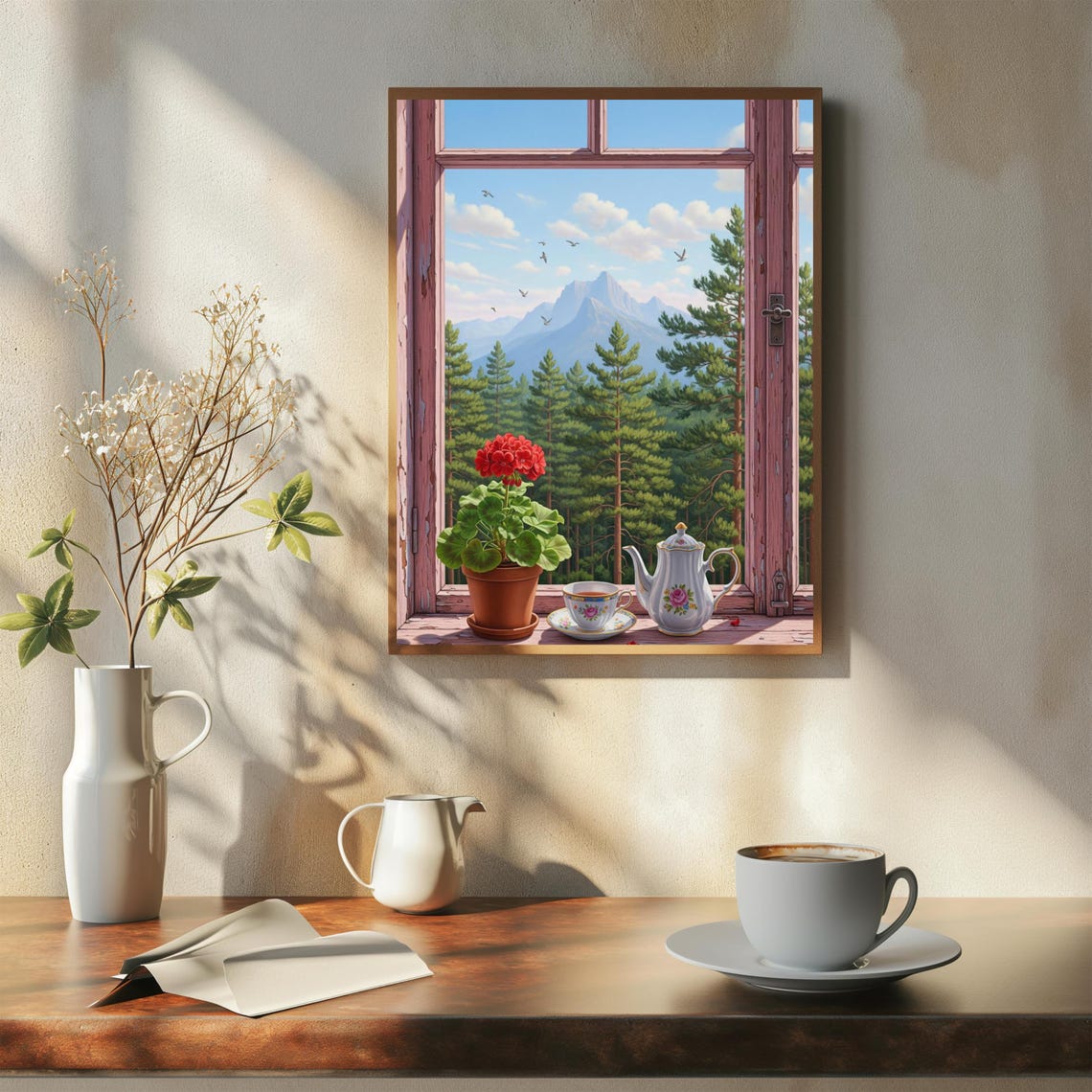 Cozy Mountain Window View With Teapot Pine Forest Tea Poster