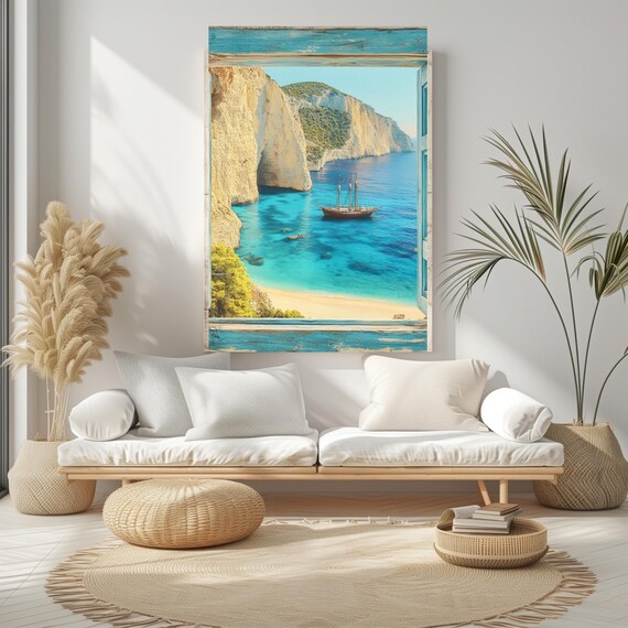 Mediterranean Turquoise Bay Window View Coastal Escape Wall Art