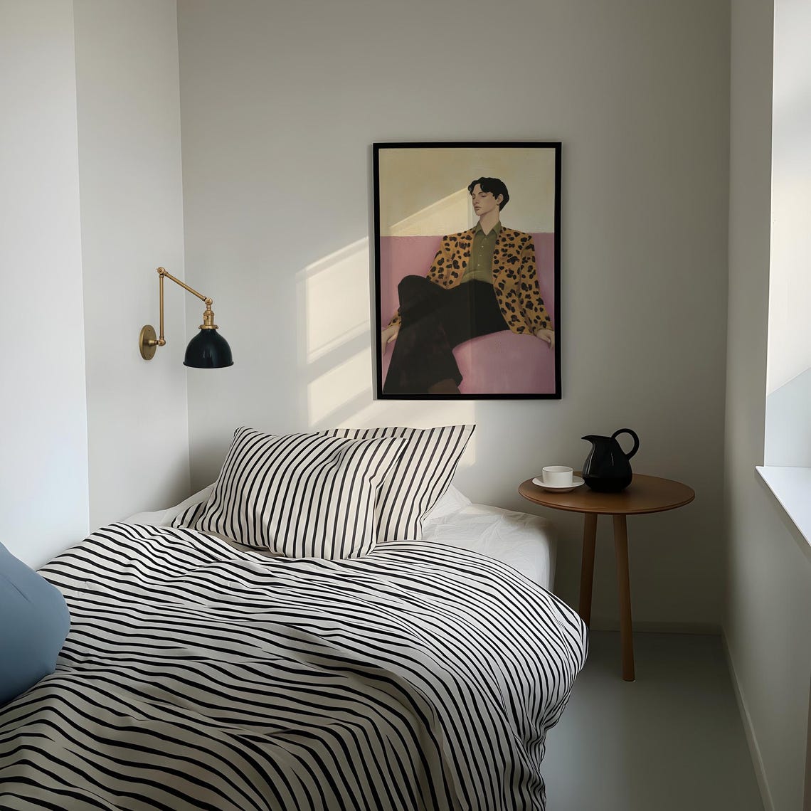 Stylish Man in Leopard Patterned Jacket Lounging on Pink Sofa Poster - Image 4