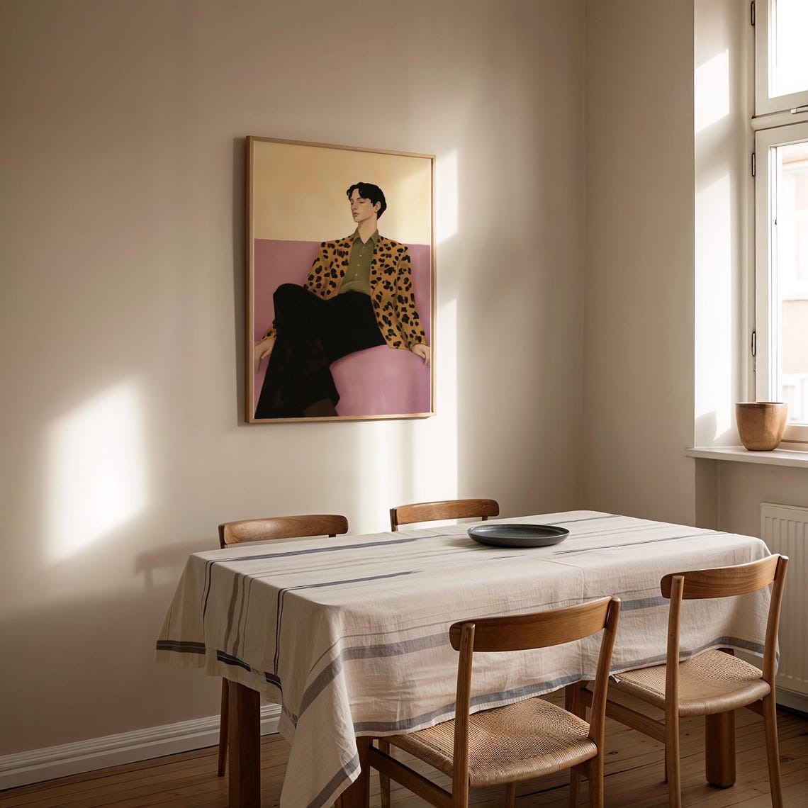 Stylish Man in Leopard Patterned Jacket Lounging on Pink Sofa Poster - Image 3