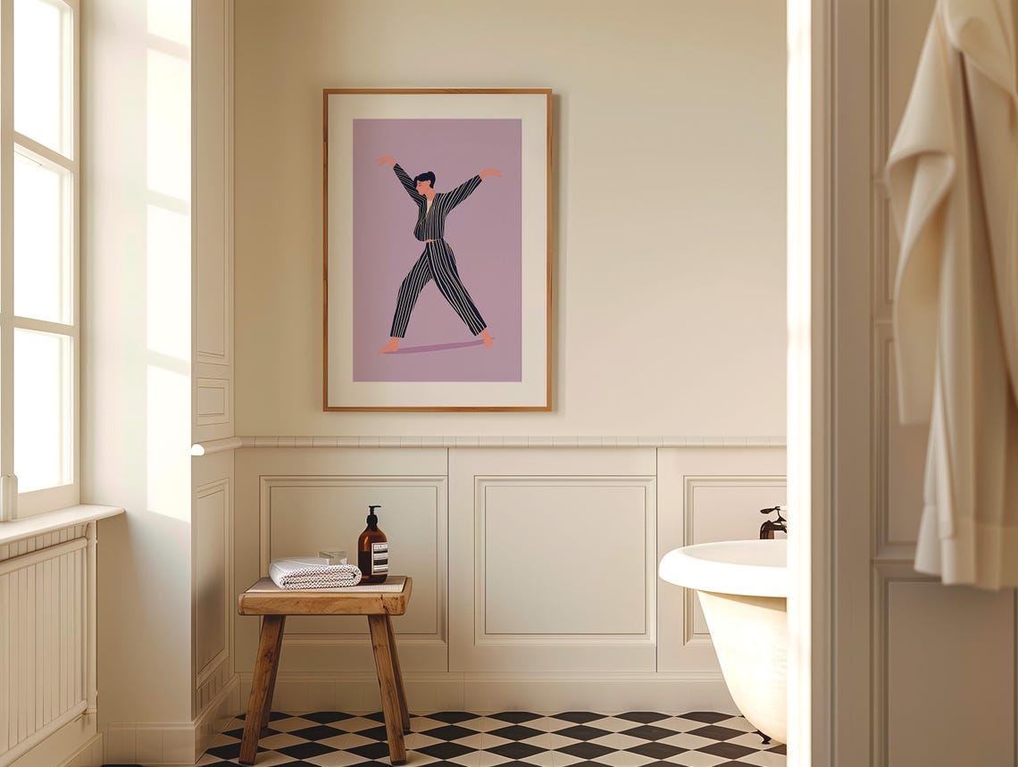 Modern Dancer in Black Pinstripe Suit on Soft Lavender Poster - Image 4