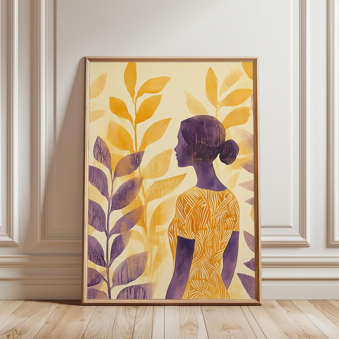 Elegant Golden Woman Silhouette Purple Foliage Abstract Art Poster