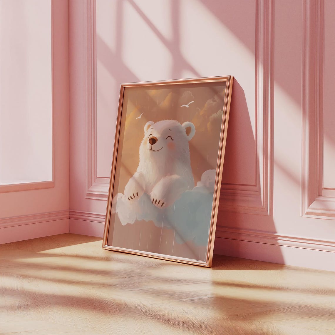 Cute Smiling Polar Bear Sitting on Soft Clouds Nursery Poster - Image 2