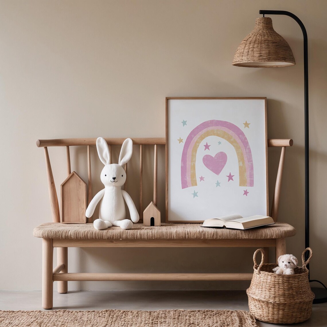 Dreamy Pink Rainbow Heart Stars Boho Nursery Kids Room Poster