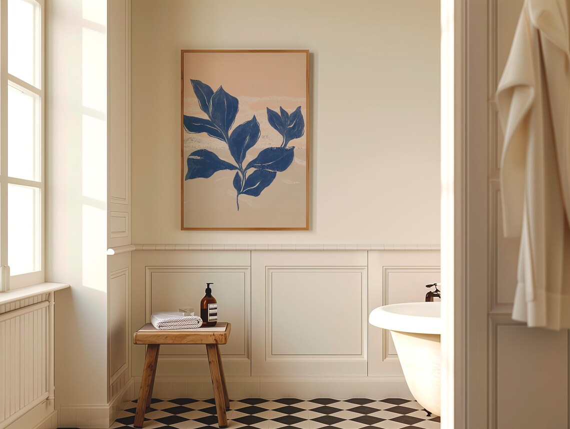 Elegant Navy Blue Botanical Leaves Minimalist Neutral Art Poster - Image 3