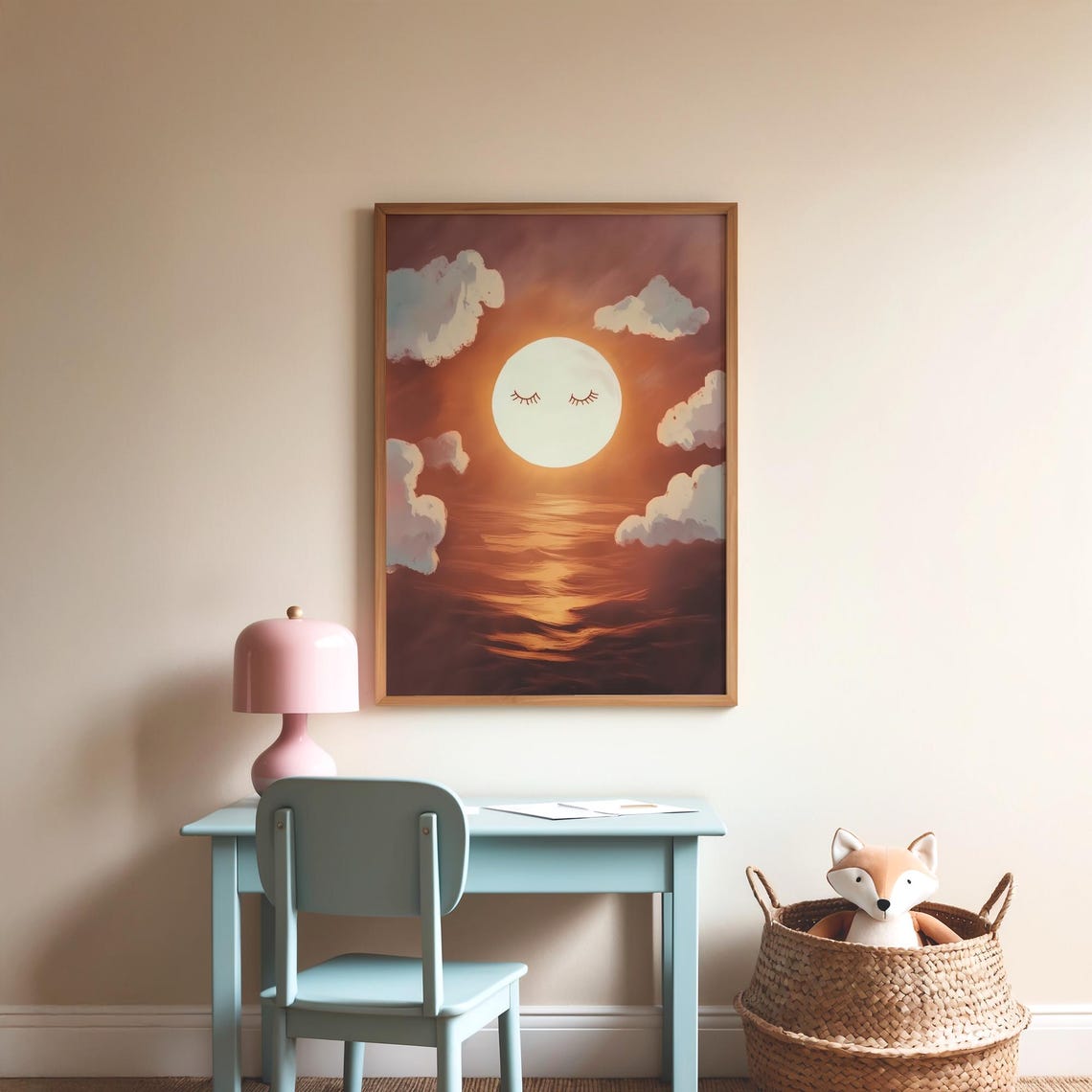 Sleeping Sun Face Over Ocean Waves Nursery Art for Kids Room Poster - Image 3